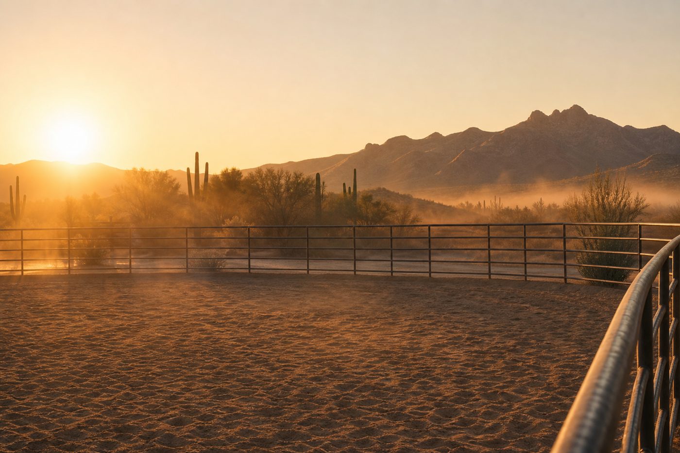 Sand riding arena with rail fencing and desert mountains behind