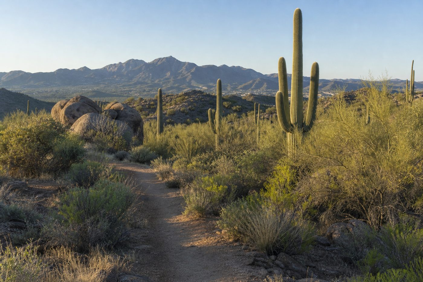 Open Sonoran desert riding trail with saguaros and boulders