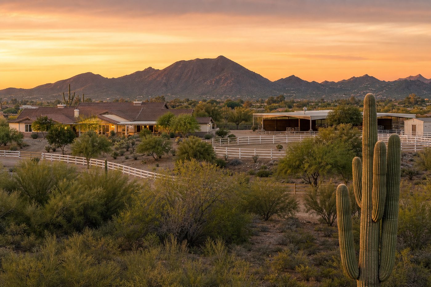 Sonoran desert horse property at golden hour with rail fencing, barn and mountain backdrop