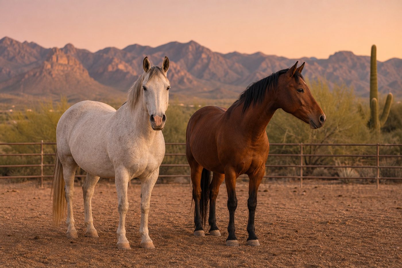 Two horses in a turnout paddock on an Arizona desert property